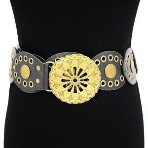 KM-1576 G/Bk Nadia Western Metal Floral Y2K Disc Bucile Belt Gold/Black
